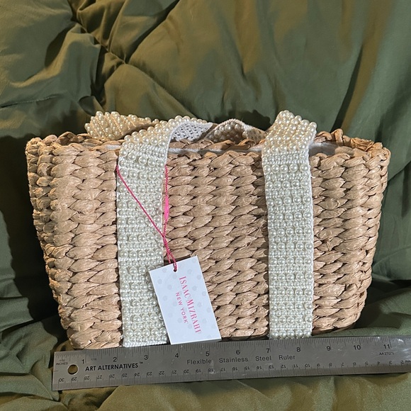 Isaac Mizrahi Handbags - Isaac Mizrahi Natural Straw Tote with Ivory Pearl-Strap Detail
